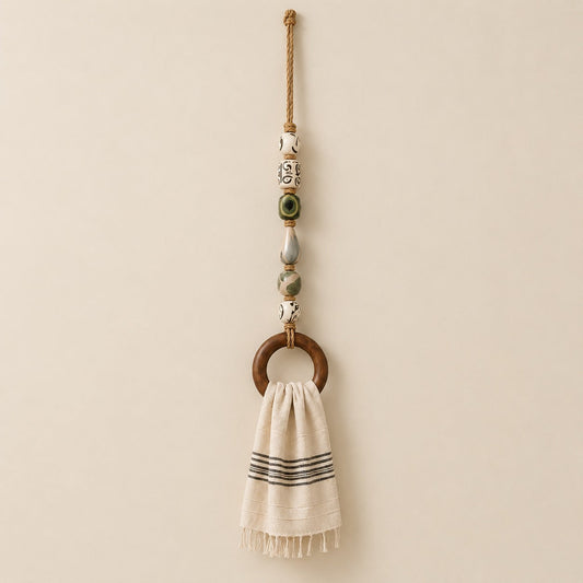 Handmade Beaded Towel Hanger with Wooden Ring – Rustic Farmhouse Bathroom & Kitchen Decor