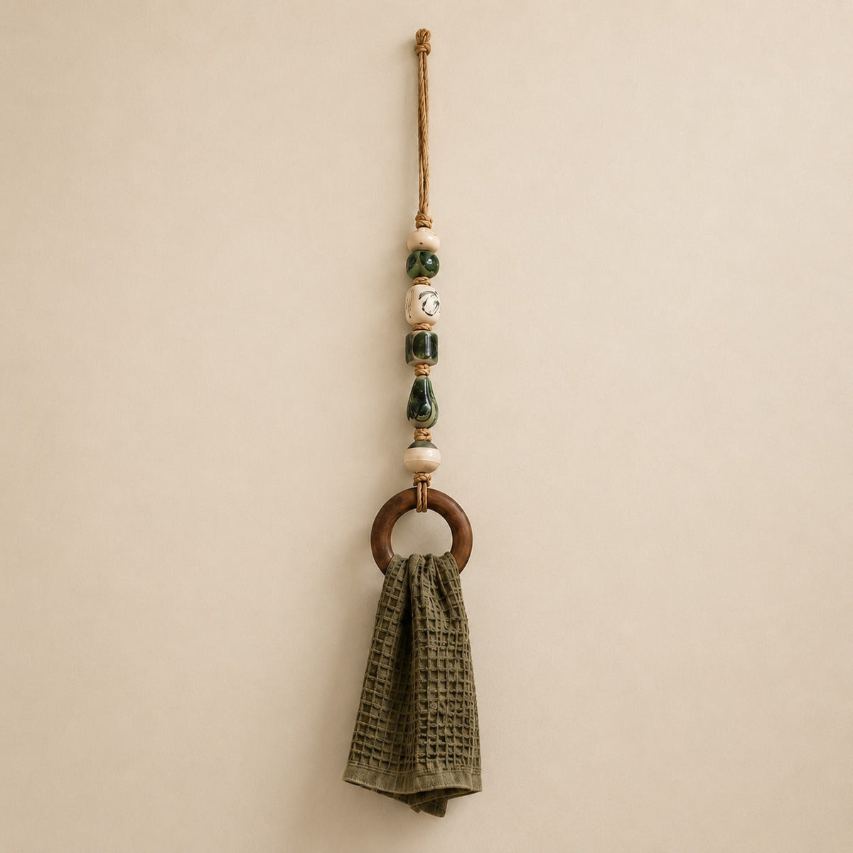 Handmade Beaded Towel Hanger with Wooden Ring – Rustic Farmhouse Bathroom & Kitchen Decor