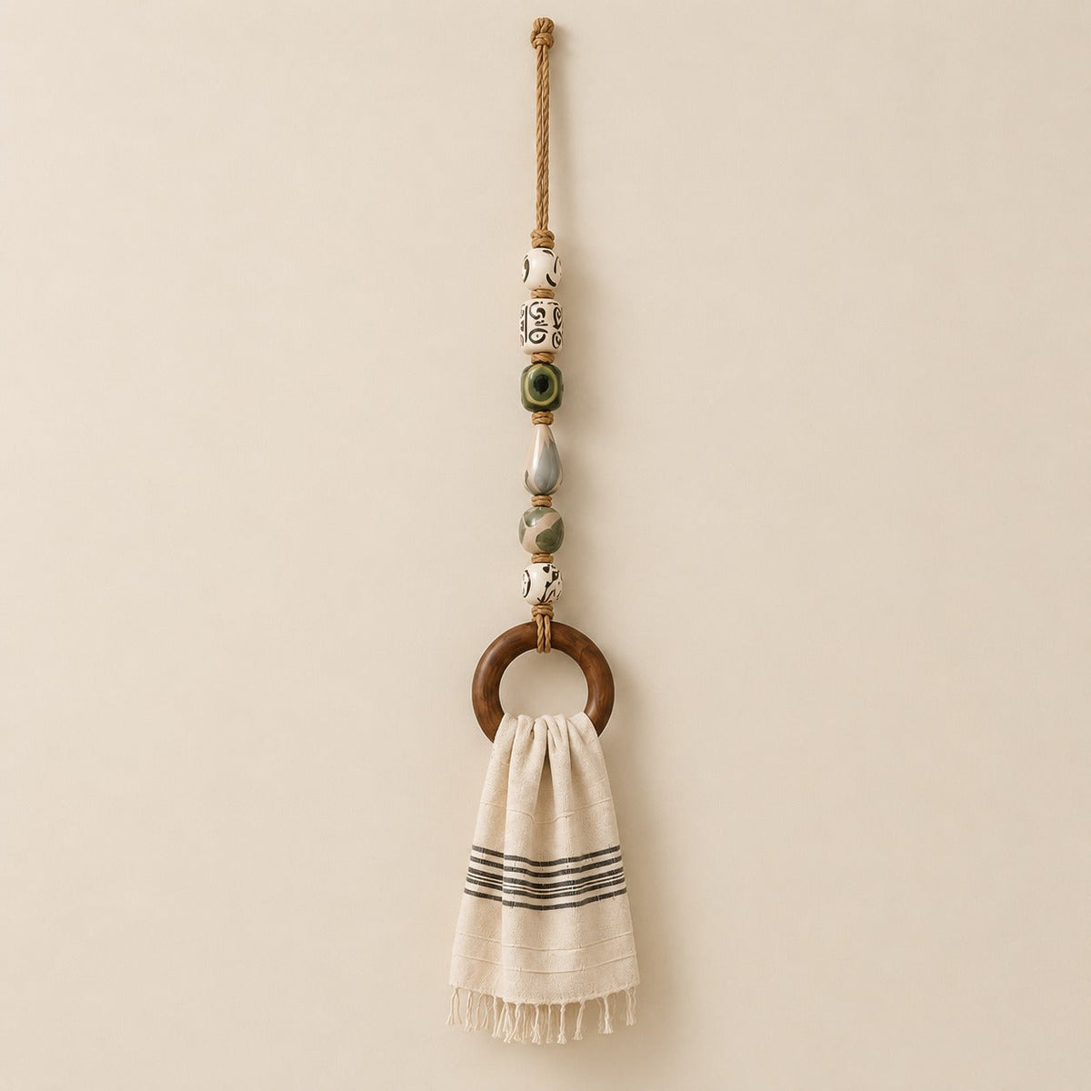 Handmade Beaded Towel Hanger with Wooden Ring – Rustic Farmhouse Bathroom & Kitchen Decor