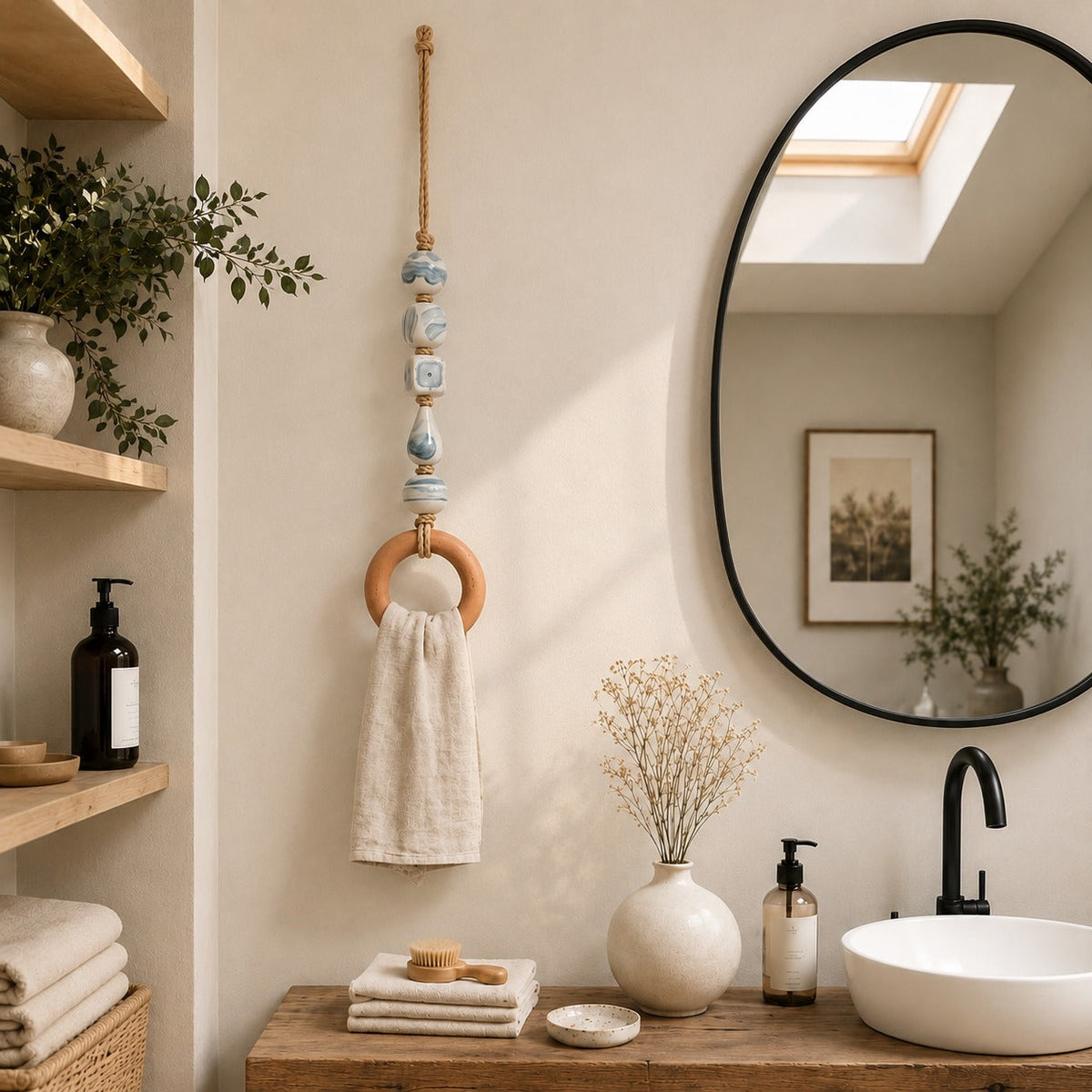 Handmade Beaded Towel Hanger with Wooden Ring – Rustic Farmhouse Bathroom & Kitchen Decor