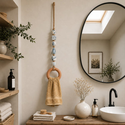Handmade Beaded Towel Hanger with Wooden Ring – Rustic Farmhouse Bathroom & Kitchen Decor