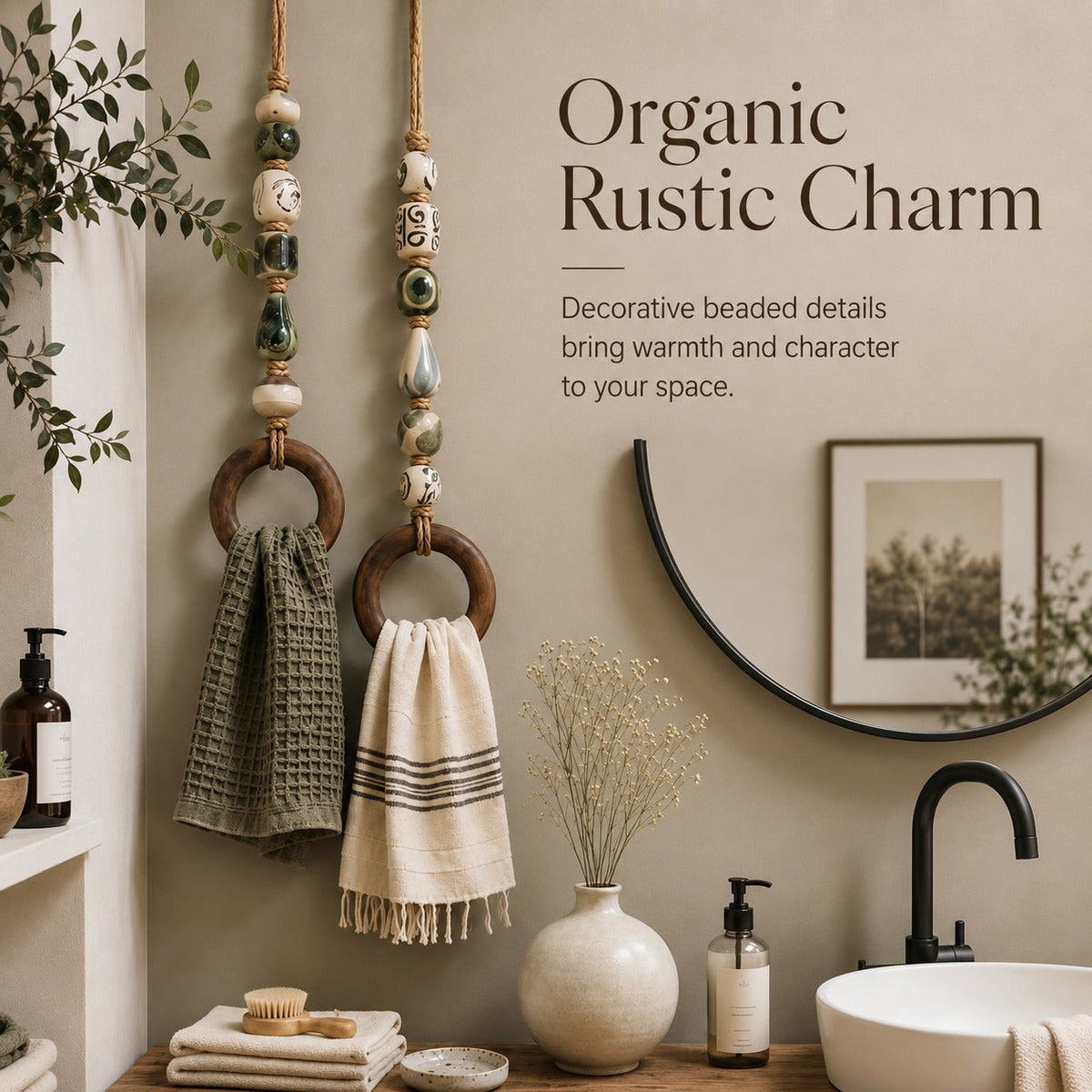 Handmade Beaded Towel Hanger with Wooden Ring – Rustic Farmhouse Bathroom & Kitchen Decor