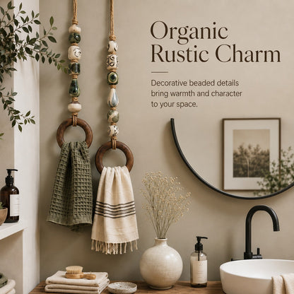 Handmade Beaded Towel Hanger with Wooden Ring – Rustic Farmhouse Bathroom & Kitchen Decor
