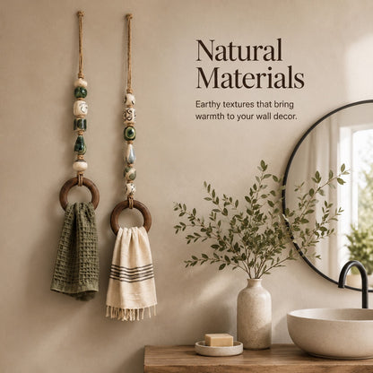 Handmade Beaded Towel Hanger with Wooden Ring – Rustic Farmhouse Bathroom & Kitchen Decor