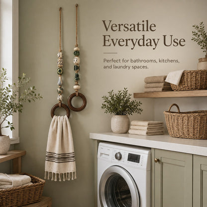 Handmade Beaded Towel Hanger with Wooden Ring – Rustic Farmhouse Bathroom & Kitchen Decor