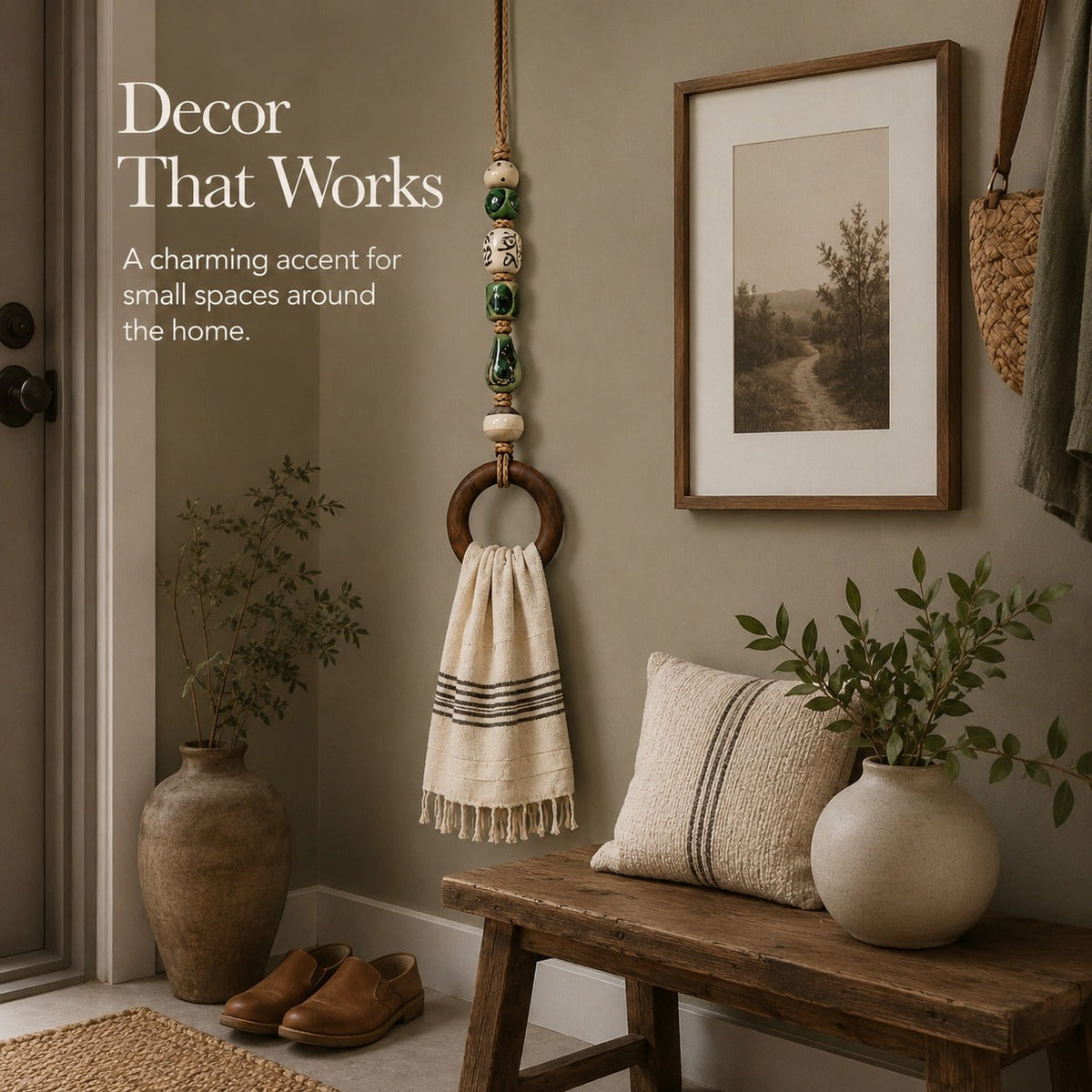 Handmade Beaded Towel Hanger with Wooden Ring – Rustic Farmhouse Bathroom & Kitchen Decor
