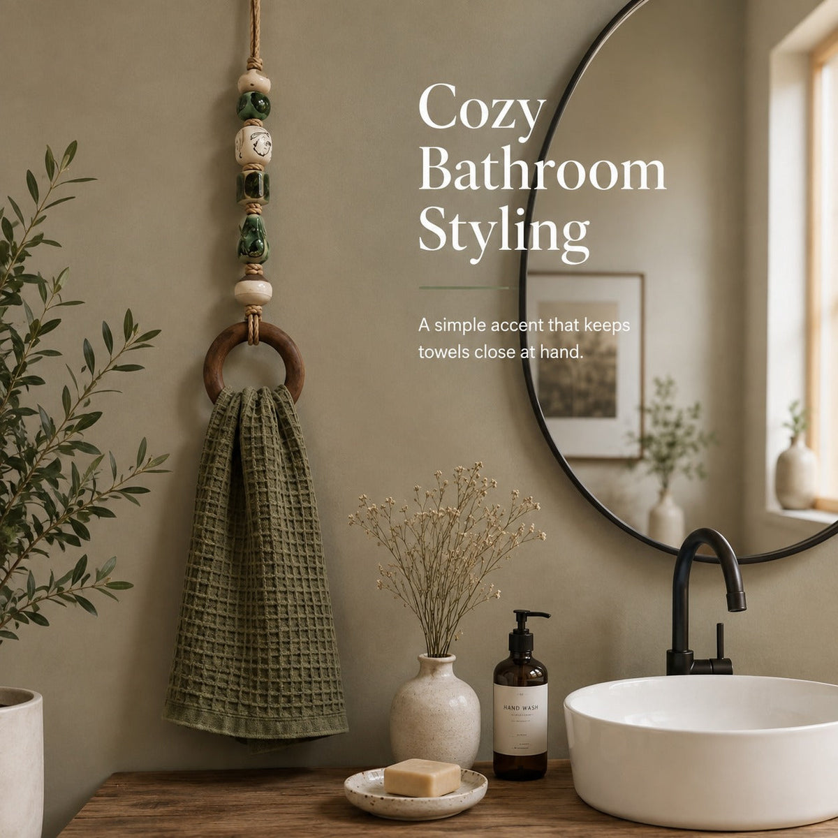 Handmade Beaded Towel Hanger with Wooden Ring – Rustic Farmhouse Bathroom & Kitchen Decor