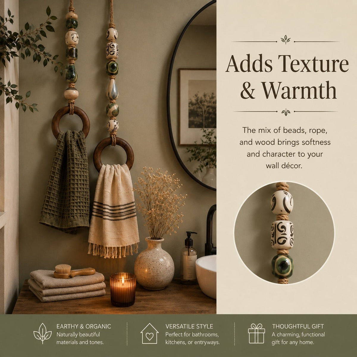 Handmade Beaded Towel Hanger with Wooden Ring – Rustic Farmhouse Bathroom & Kitchen Decor