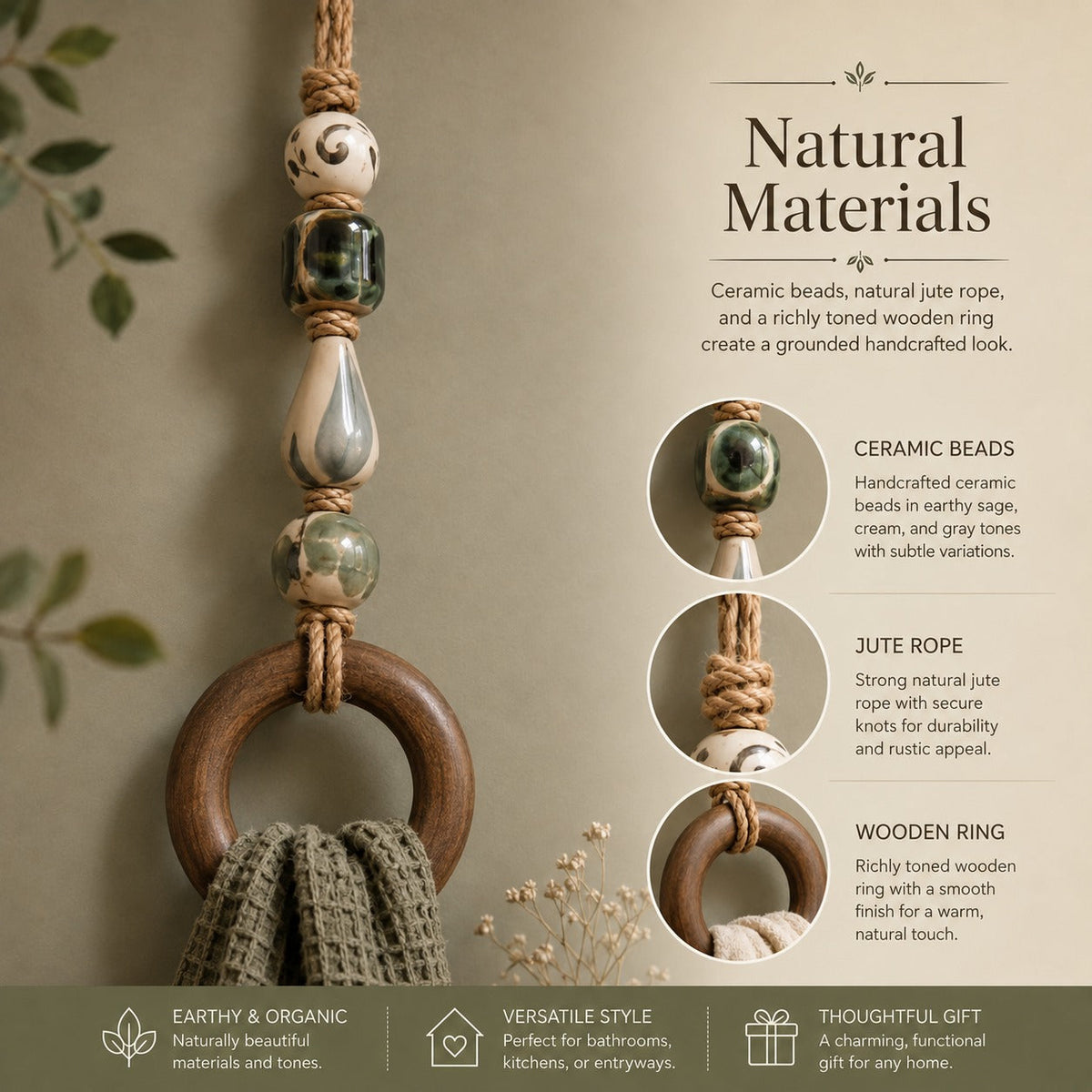 Handmade Beaded Towel Hanger with Wooden Ring – Rustic Farmhouse Bathroom & Kitchen Decor
