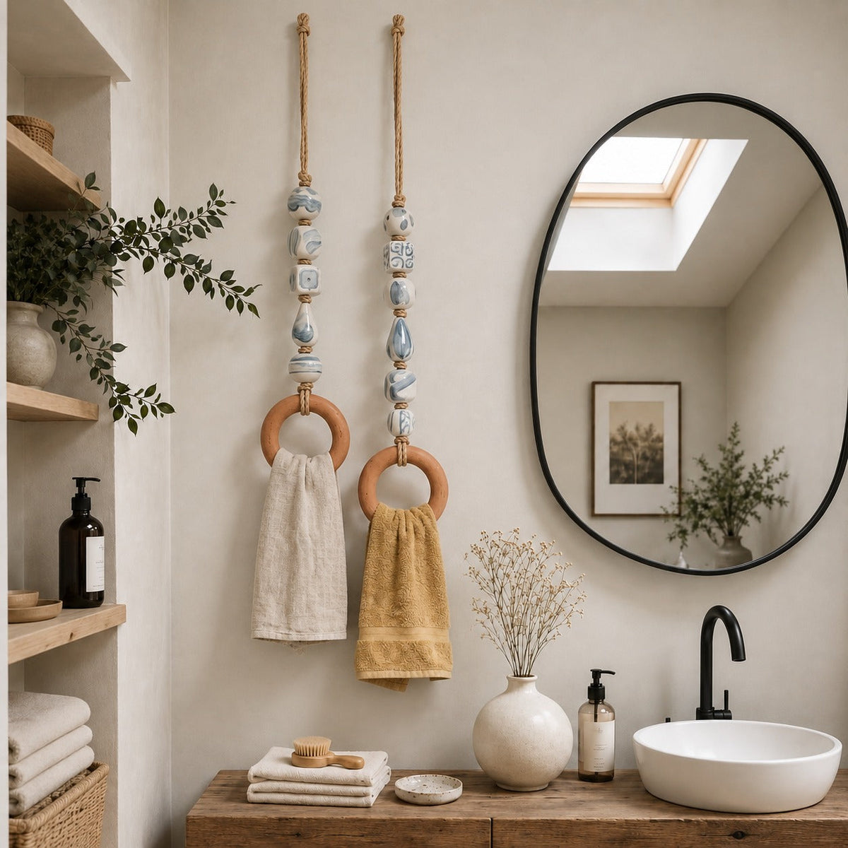 Handmade Beaded Towel Hanger with Wooden Ring – Rustic Farmhouse Bathroom & Kitchen Decor